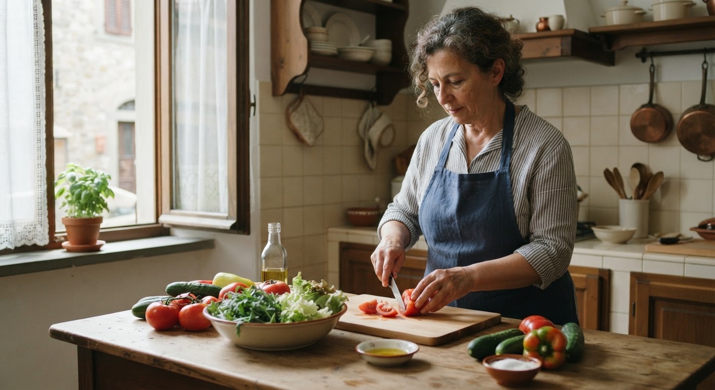 Donna italiana che prepara un'insalata fresca di verdure in casa