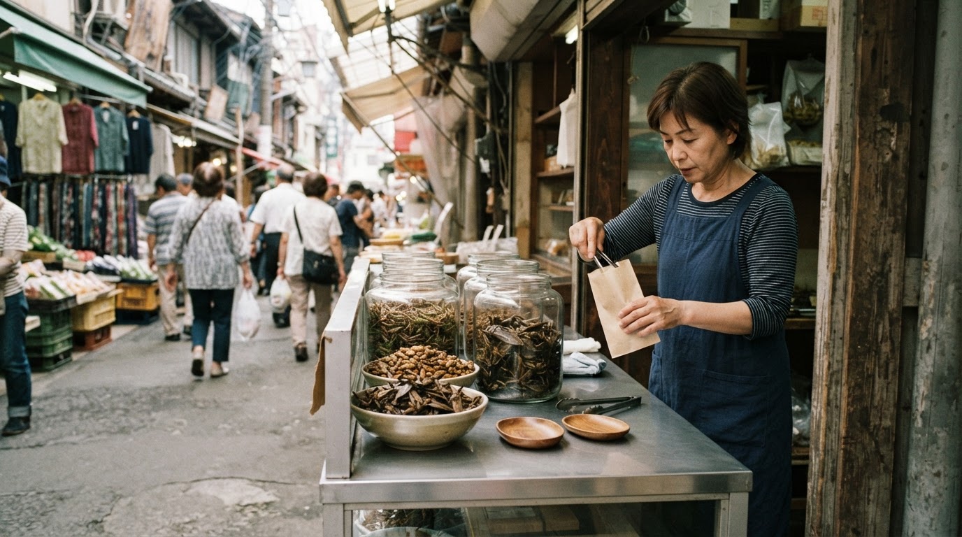 日本の市場で乾燥昆虫を販売する屋台
