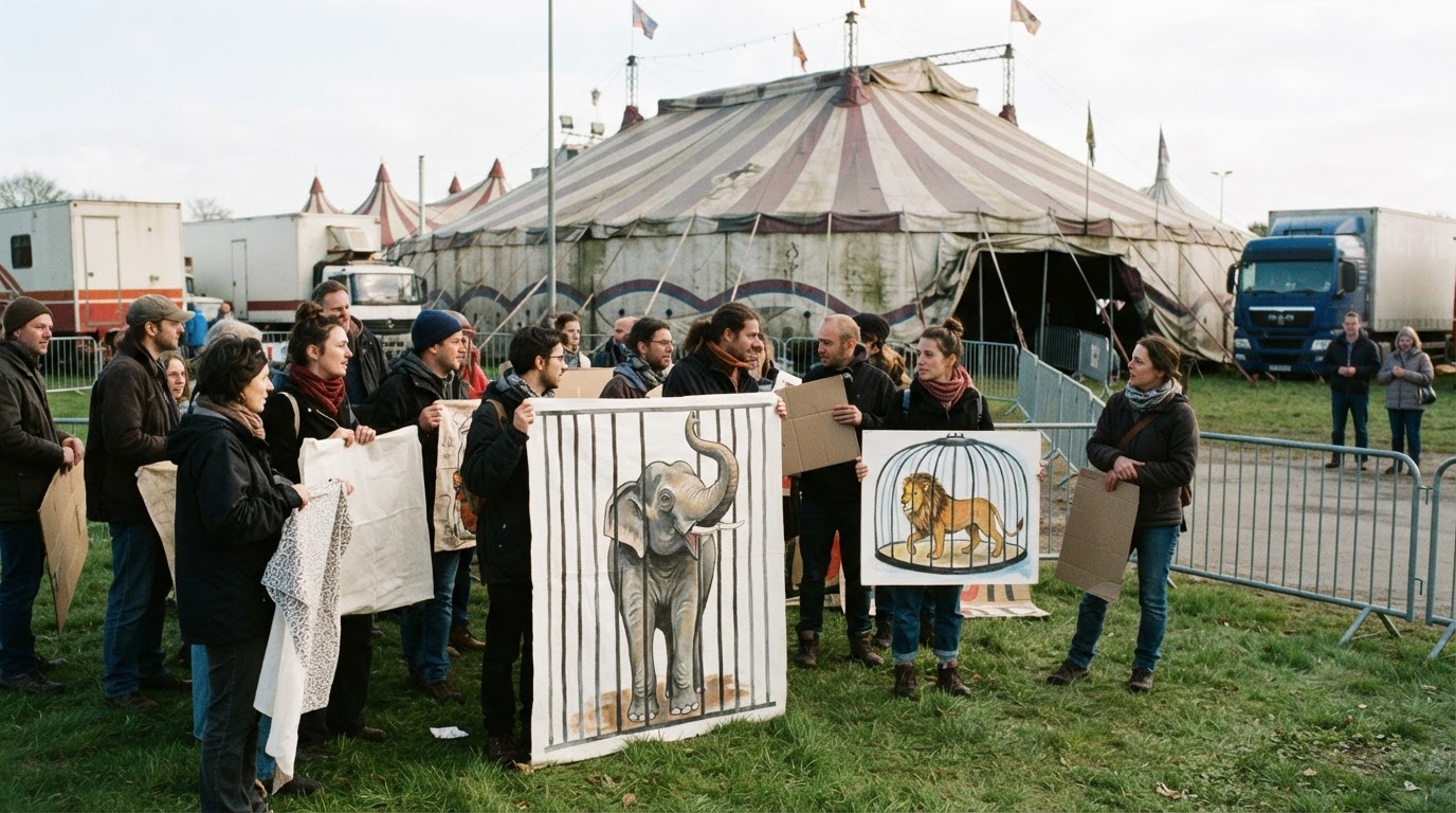 A group of people holding protest signs outside a circus tent, advocating for animal rights.