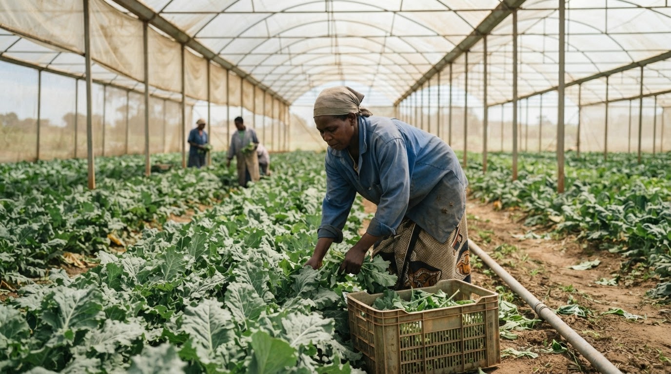 Mkulima wa Kenya akivuna mboga mboga shambani