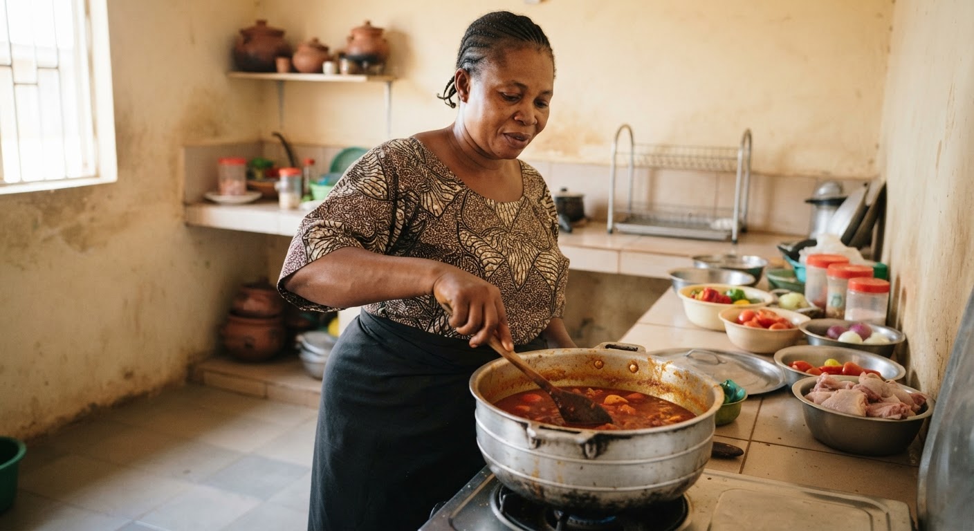 Obìnrin kan tó ń se sówó adìyẹ ní ilé rẹ̀ ní Nàìjíríà.