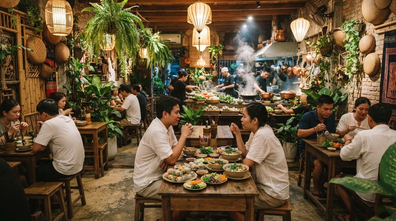 Không gian bên trong một nhà hàng chay Việt Nam ấm cúng, với nhiều cây xanh và đồ trang trí truyền thống.