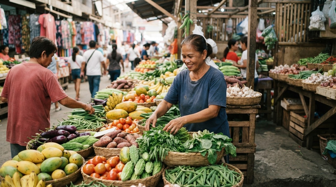 Masaganang tindahan sa palengke ng Pilipinas na puno ng sariwang gulay at prutas