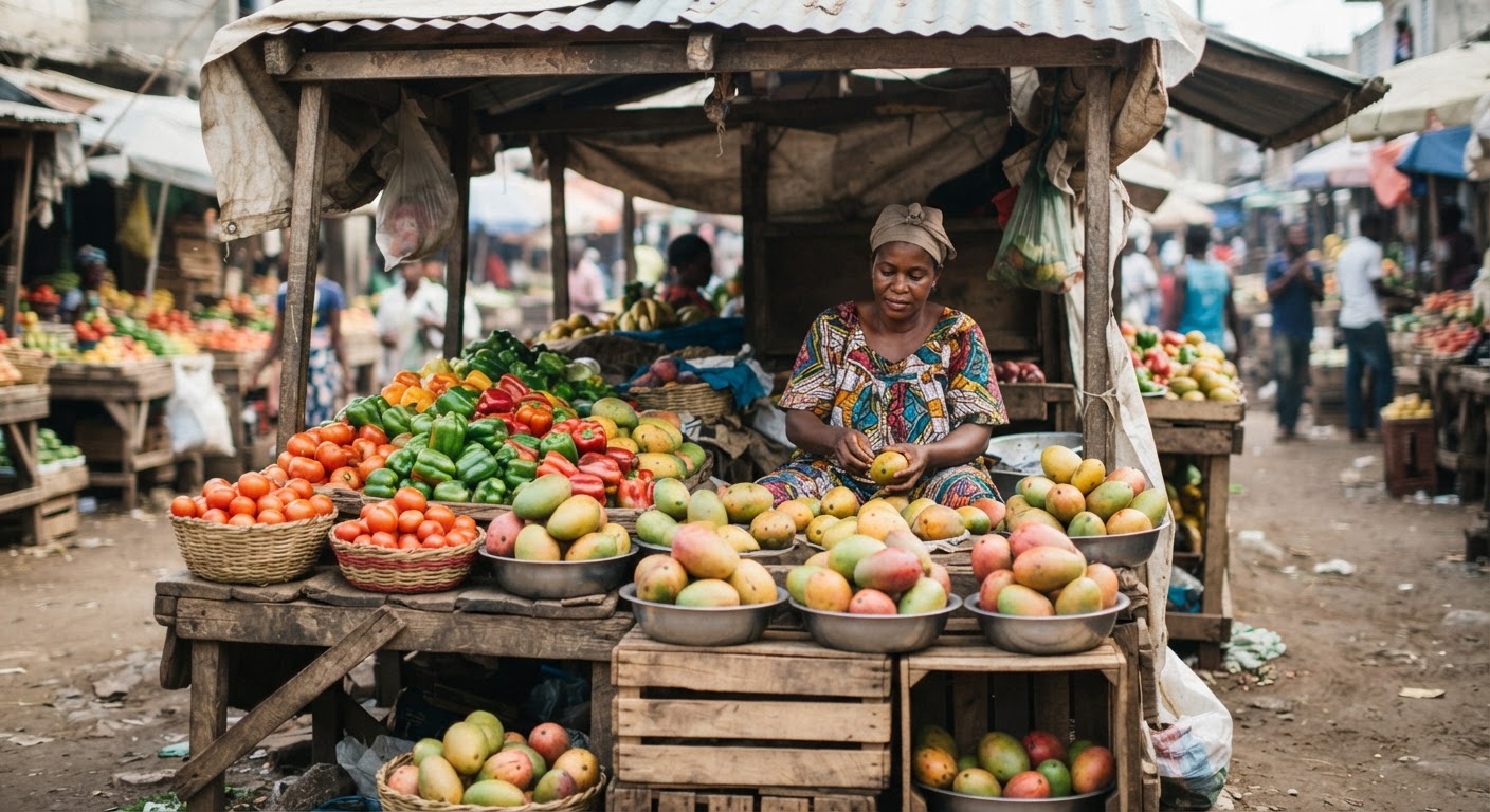 Yon mache Ayisyen plen ak legim ak fwi fre, tankou tomat, piman, ak mango.
