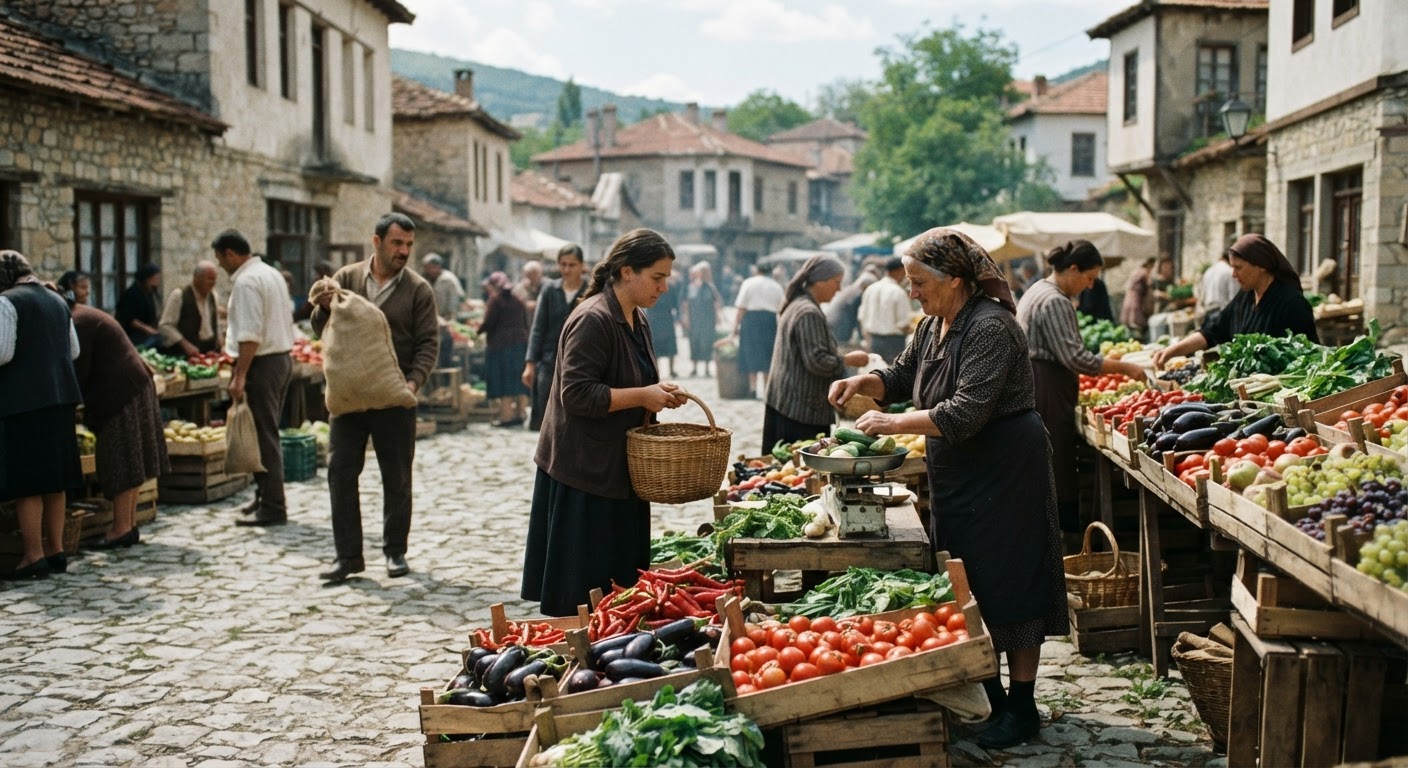 Treg tradicional fshati ballkanik me produkte të freskëta