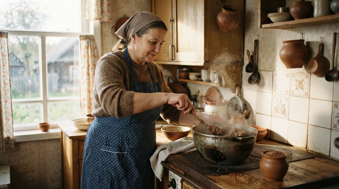 Женщина готовит гречневую кашу на традиционной русской кухне