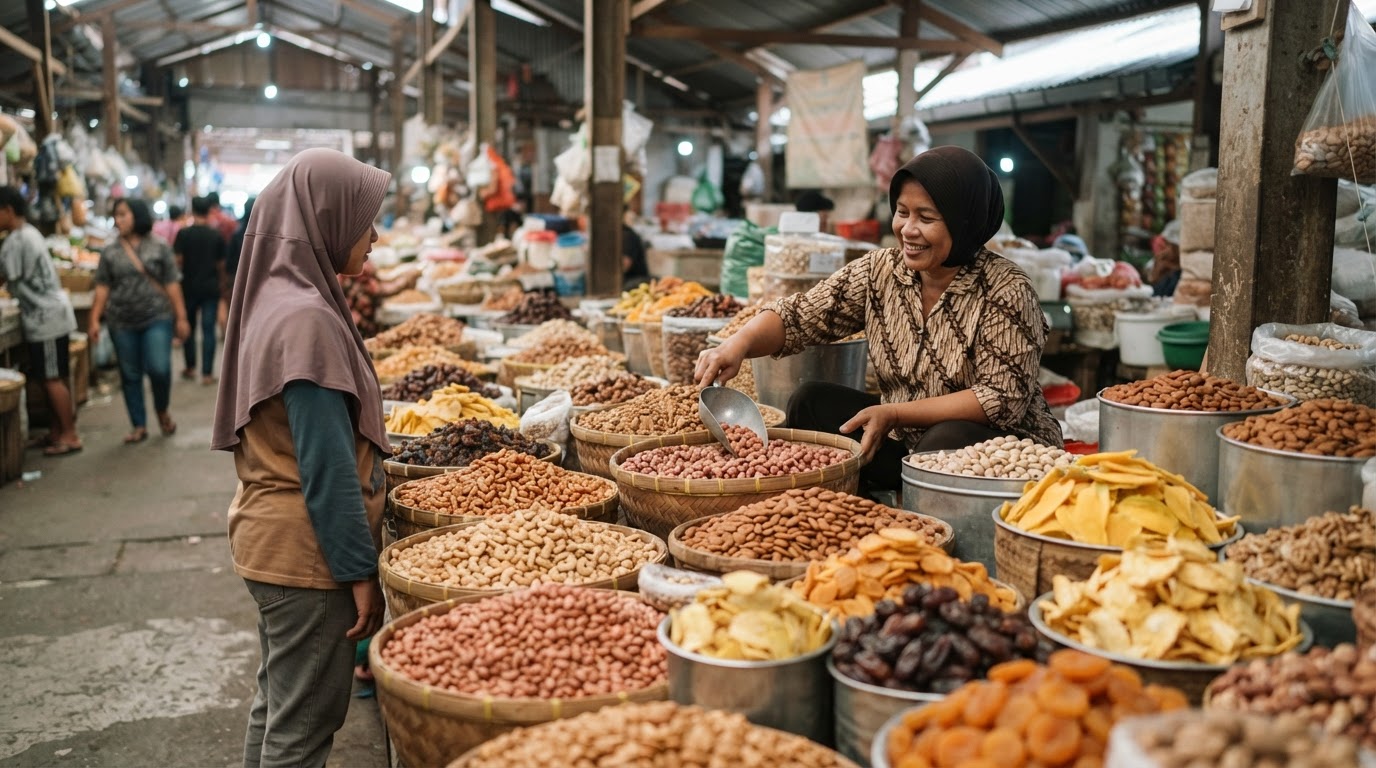 Tampilan pasar tradisional Indonesia yang menjual berbagai macam kacang-kacangan dan buah kering.