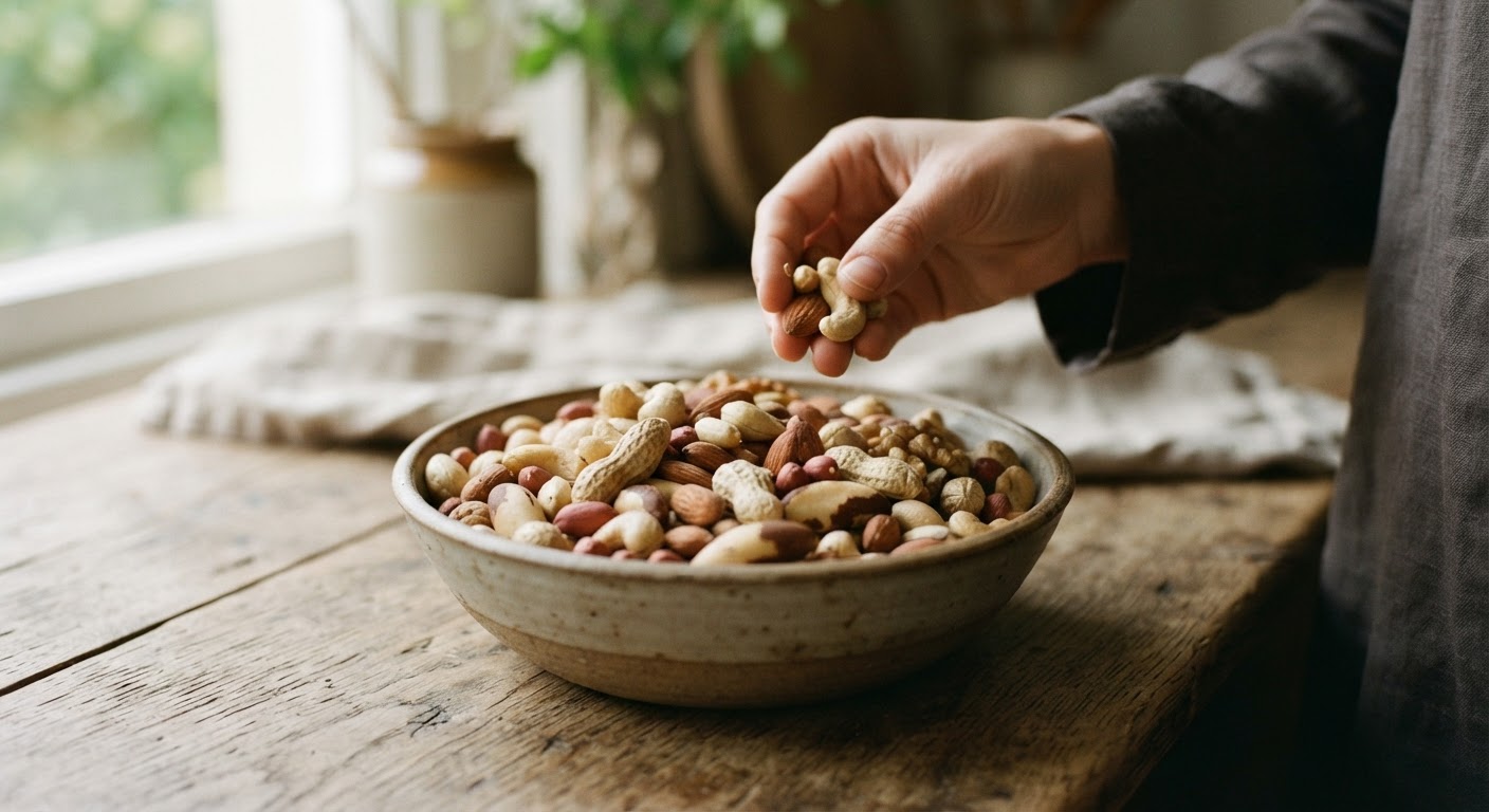 Segenggam kacang campuran yang kaya akan lemak sehat, serat, dan protein, ideal sebagai camilan.