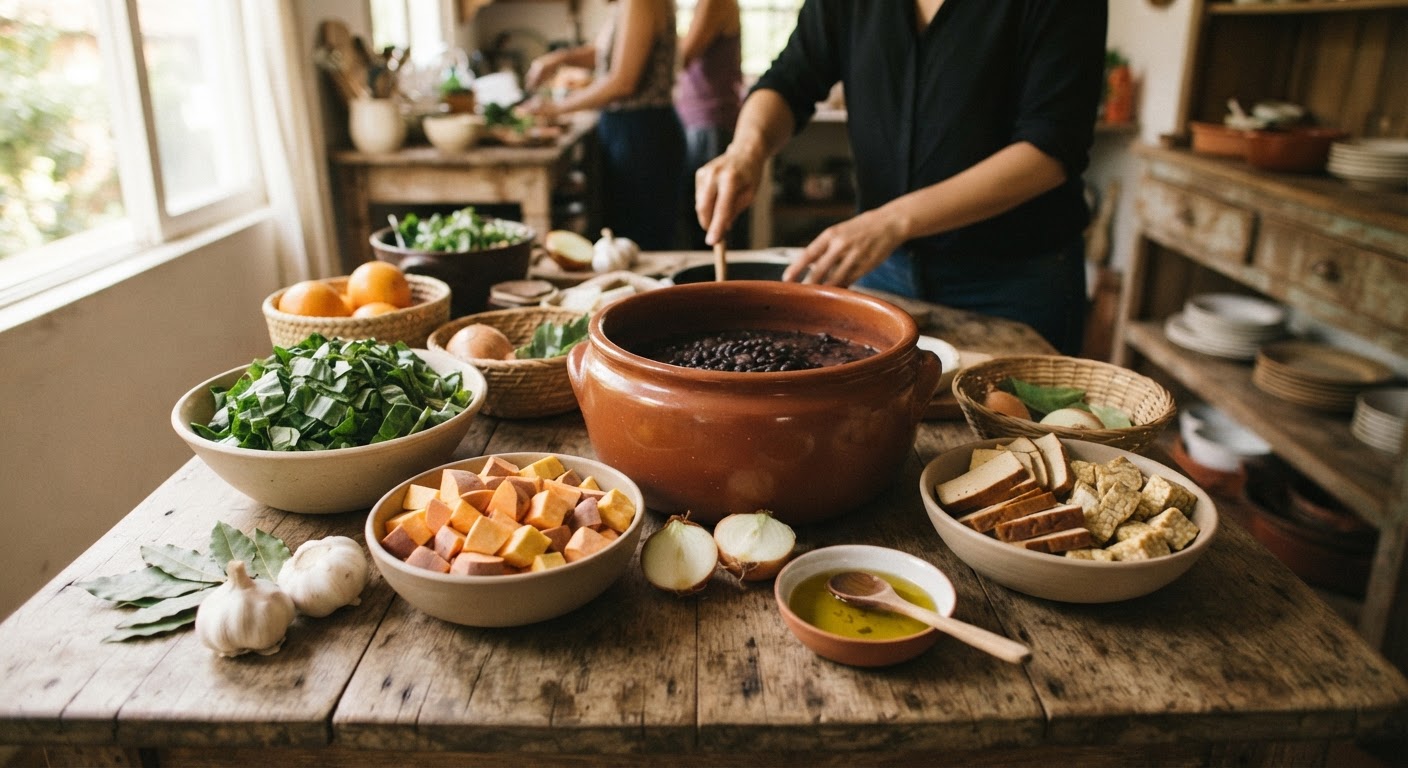 Ingredientes para feijoada vegana dispostos numa mesa de madeira.