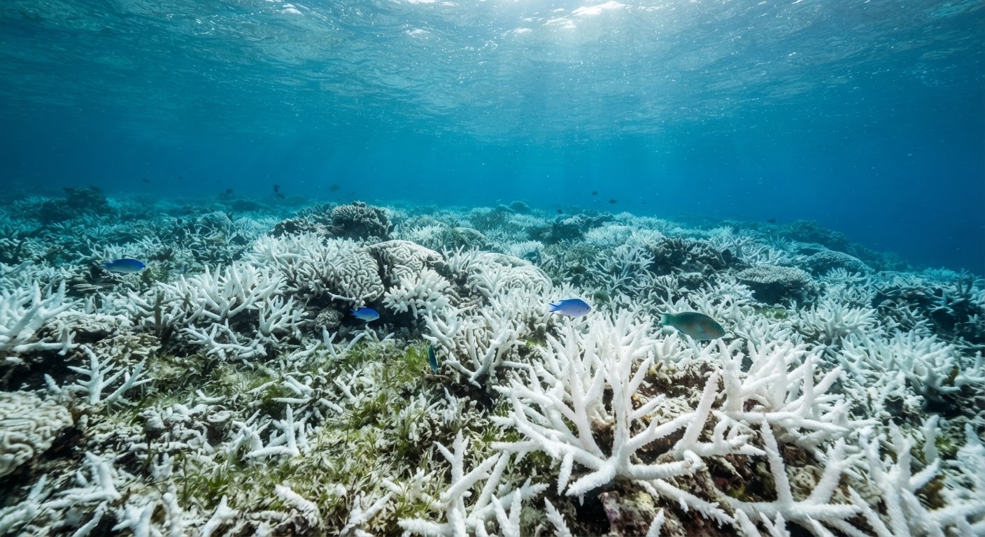 Un arrecife de coral blanqueado, señal de estrés ambiental severo.