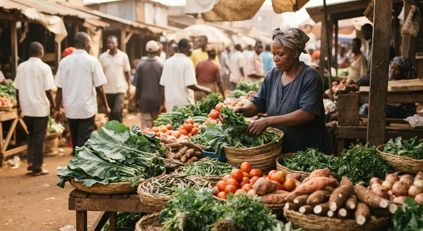 Mercado local vibrante, exibindo uma variedade de vegetais frescos, essenciais para pratos regionais como a feijoada vegana.