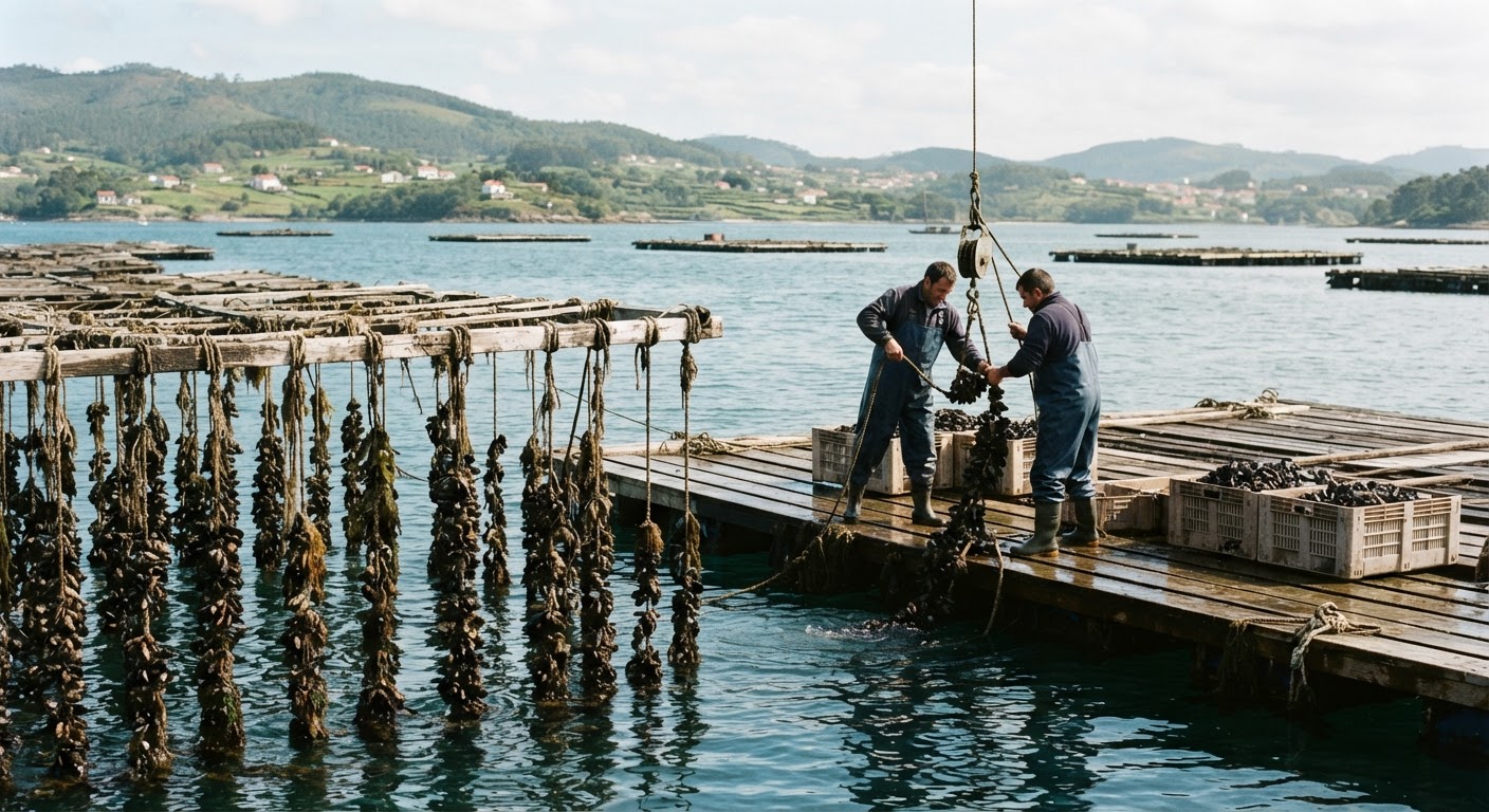 Cultivo de mejillones en Galicia, España, una forma de acuicultura a menudo considerada sostenible.