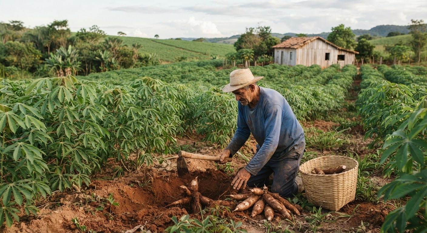 Campo de mandioca, um alimento básico e versátil em muitas culturas lusófonas, adaptável a diversas receitas veganas.