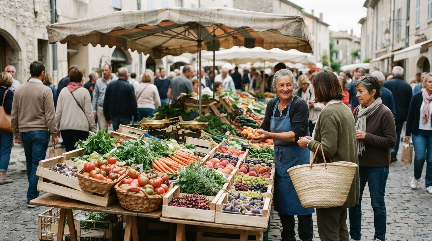 Étal coloré de fruits et légumes frais sur un marché fermier français.