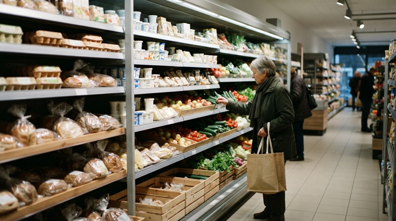 Regal in einem deutschen Supermarkt mit verschiedenen Lebensmitteln und deren Kennzeichnungen.
