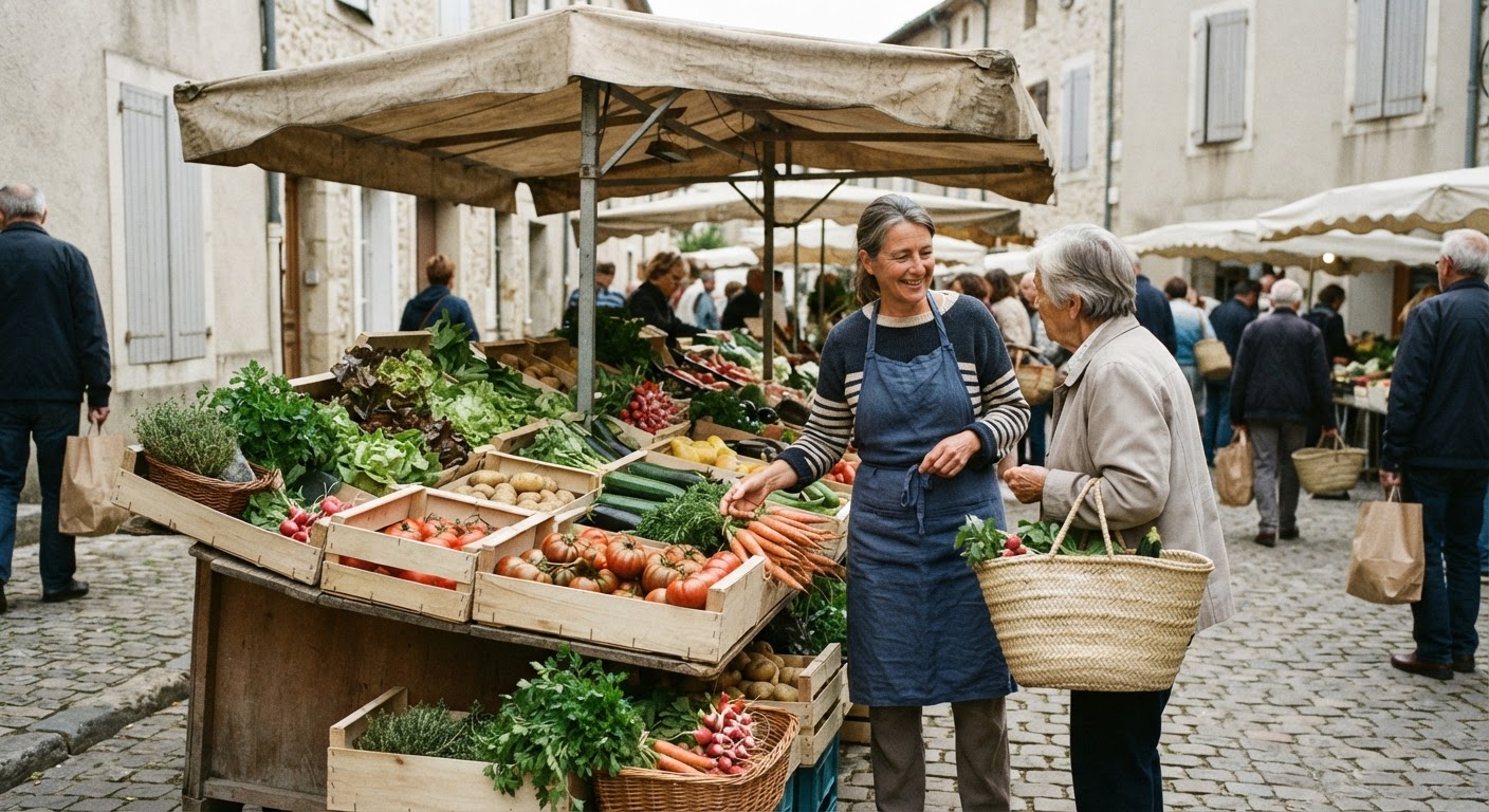 Un marché fermier en France, offrant une variété de produits frais et de saison.