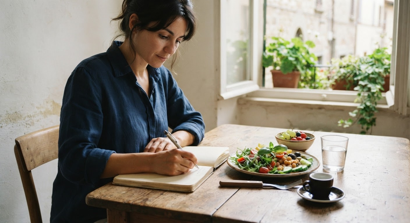 Scrivania italiana con pranzo sano e quaderno