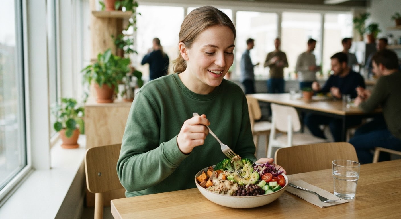 Una "Buddha bowl" vegana: un pasto completo e visivamente accattivante, ideale per l'ufficio.