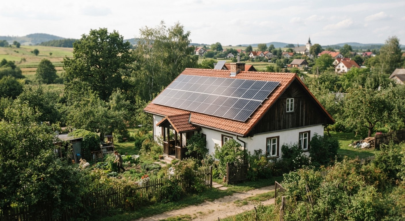 Panele słoneczne na dachu domu w Polsce