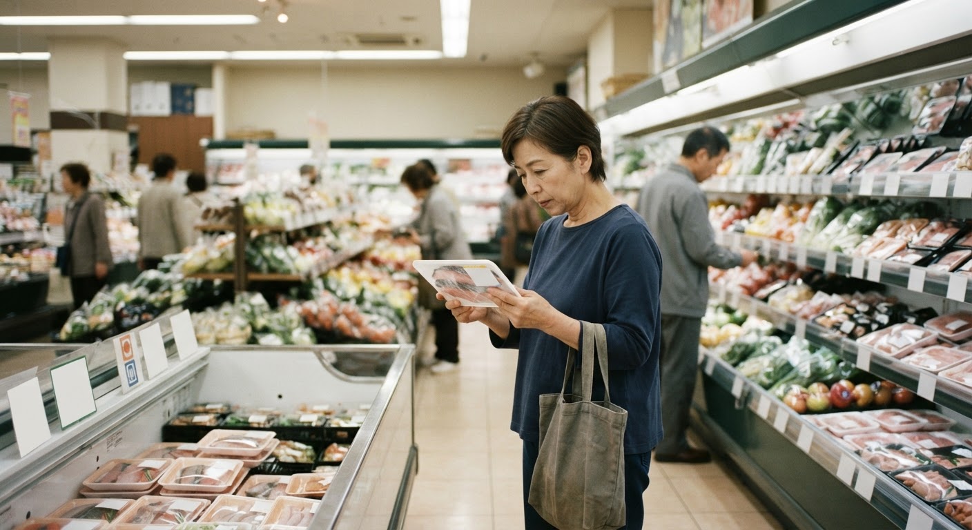 日本のスーパーマーケットで、様々な食品のラベルをチェックする買い物客