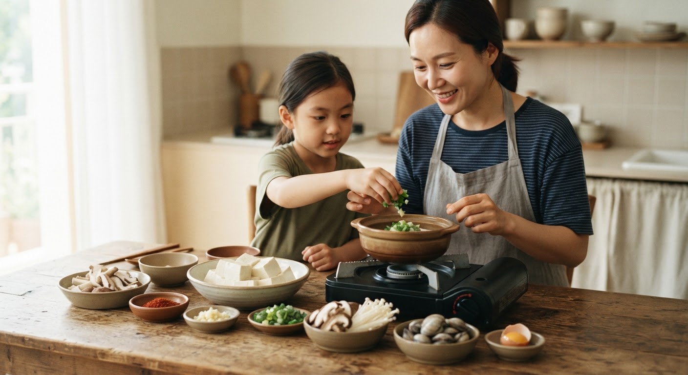 나무 테이블 위에 놓인 한국식 두부찌개 재료들