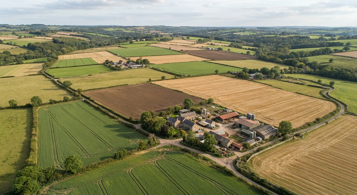 Aerial view showing a patchwork of agricultural fields, some green, some brown, with farm buildings visible.