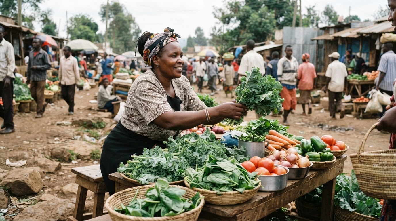 Mwanamke mkulima akiuza mboga kwenye soko la ndani nchini Kenya