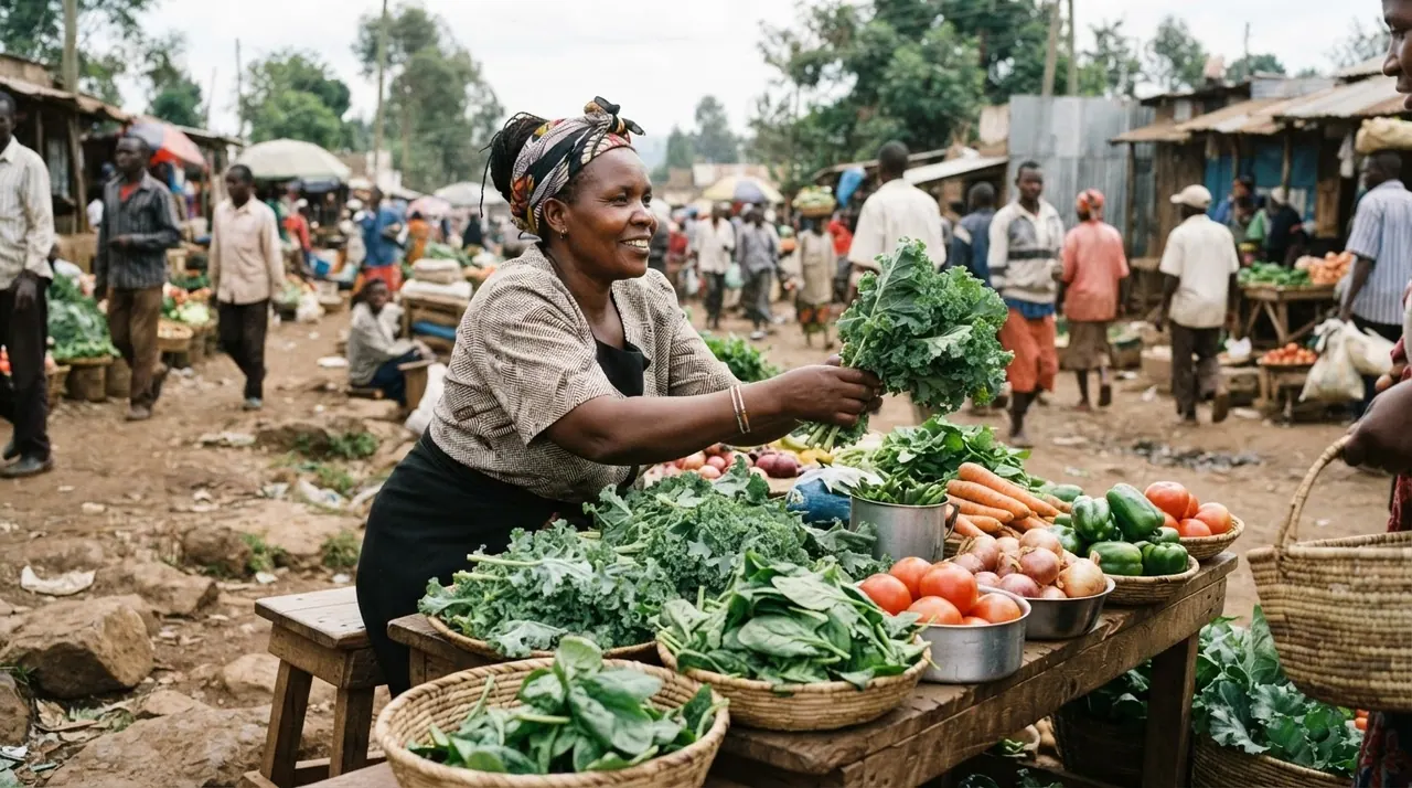 Mwanamke mkulima akiuza mboga kwenye soko la ndani nchini Kenya