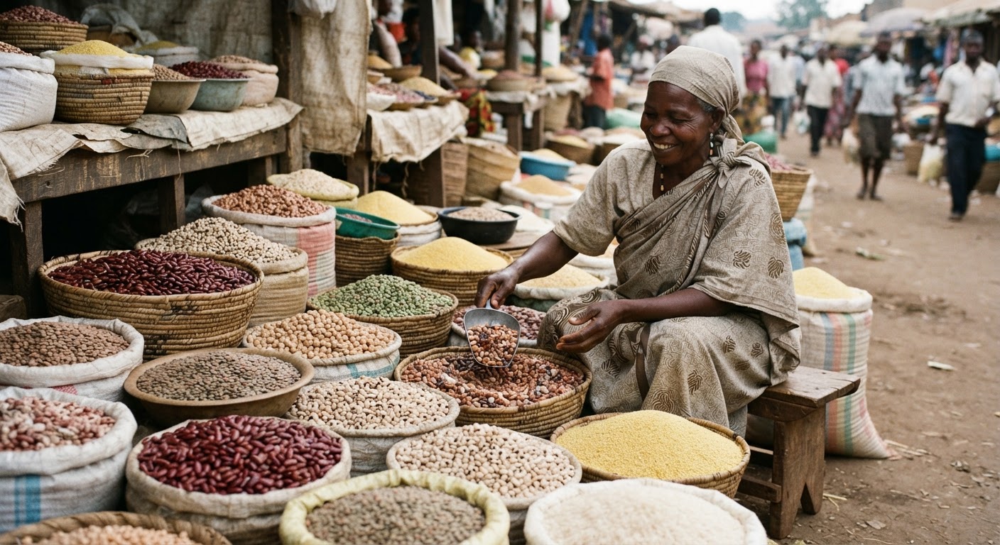 Uteuzi wa maharagwe, kunde, na nafaka mbalimbali kwenye soko la ndani, unaonyesha utajiri wa vyakula vya mimea.