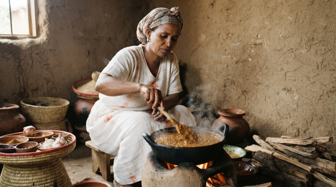 የኢትዮጵያ ሴት እያዘጋጀች ያለ የሽሮ አሰራር