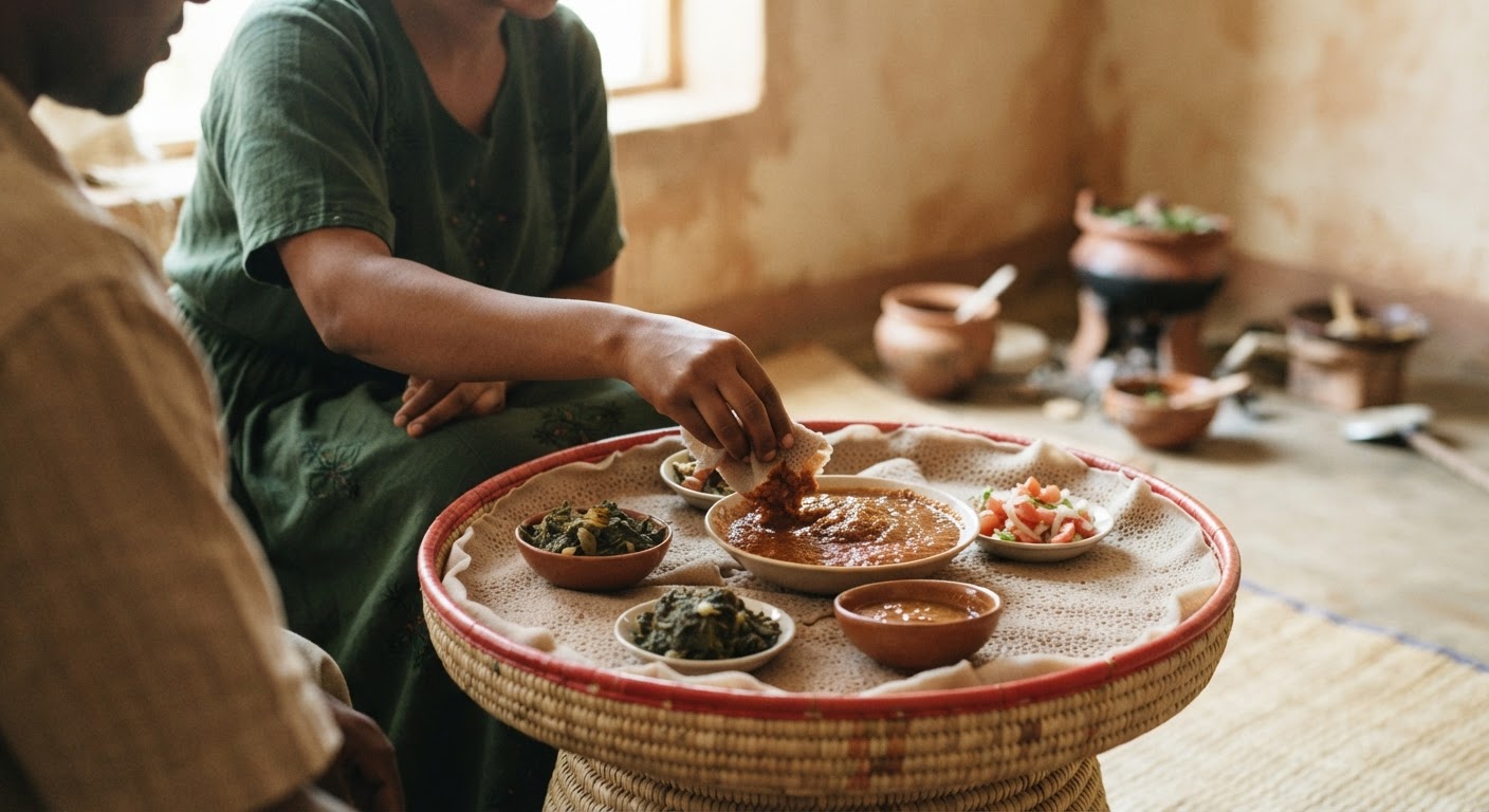 የተለመደው የኢትዮጵያ ምግብ፡ ኢንጀራ ከሽሮ ጋር፣ ለብረት ጥሩ ምንጭ።