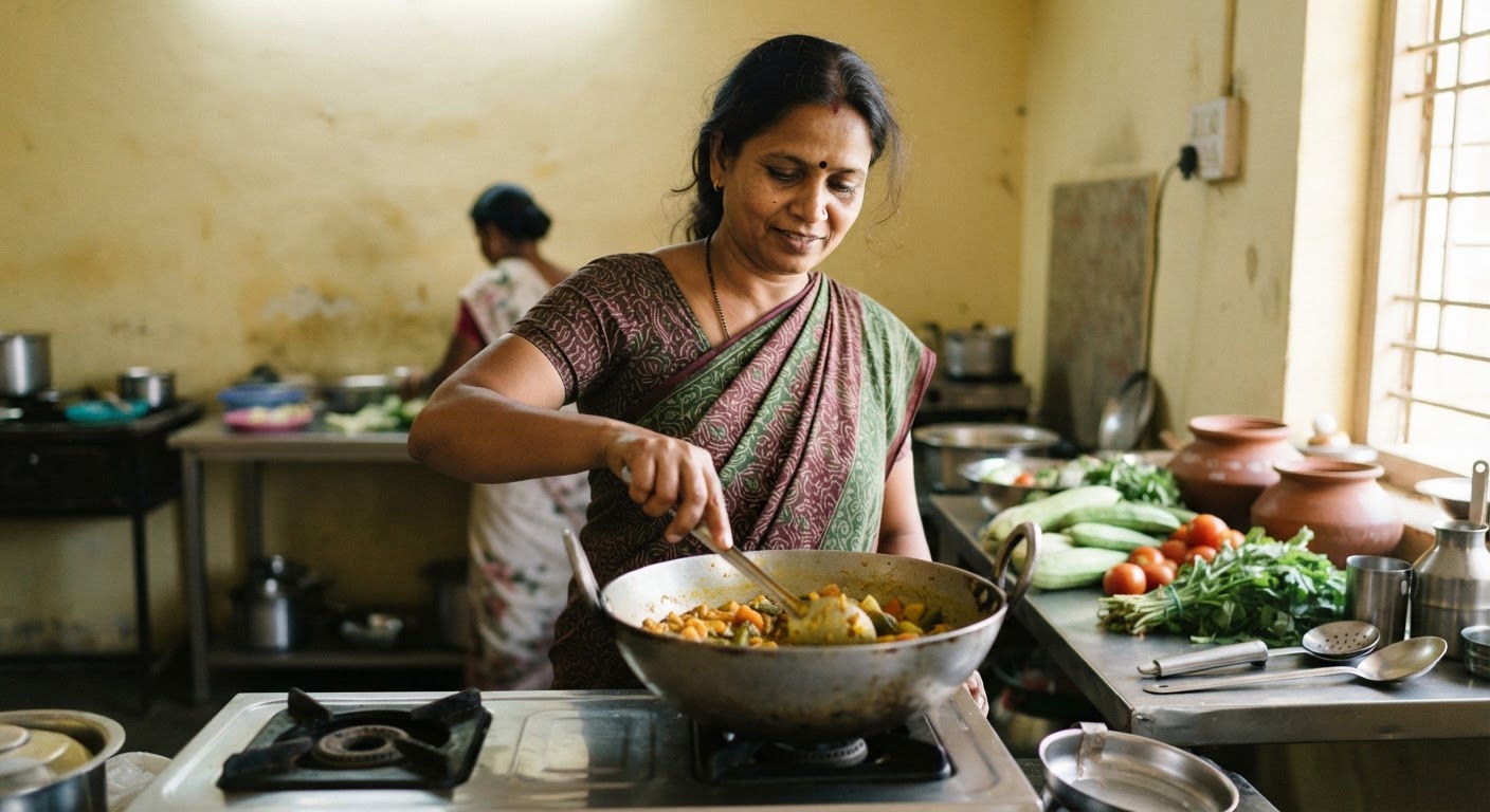 একজন ভারতীয় মহিলা নিরামিষ খাবার রান্না করছেন