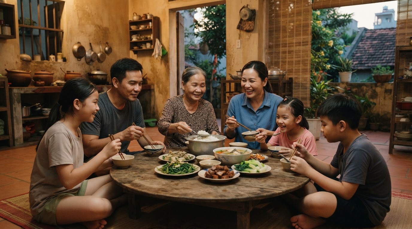 Một gia đình Việt Nam quây quần bên mâm cơm ấm cúng