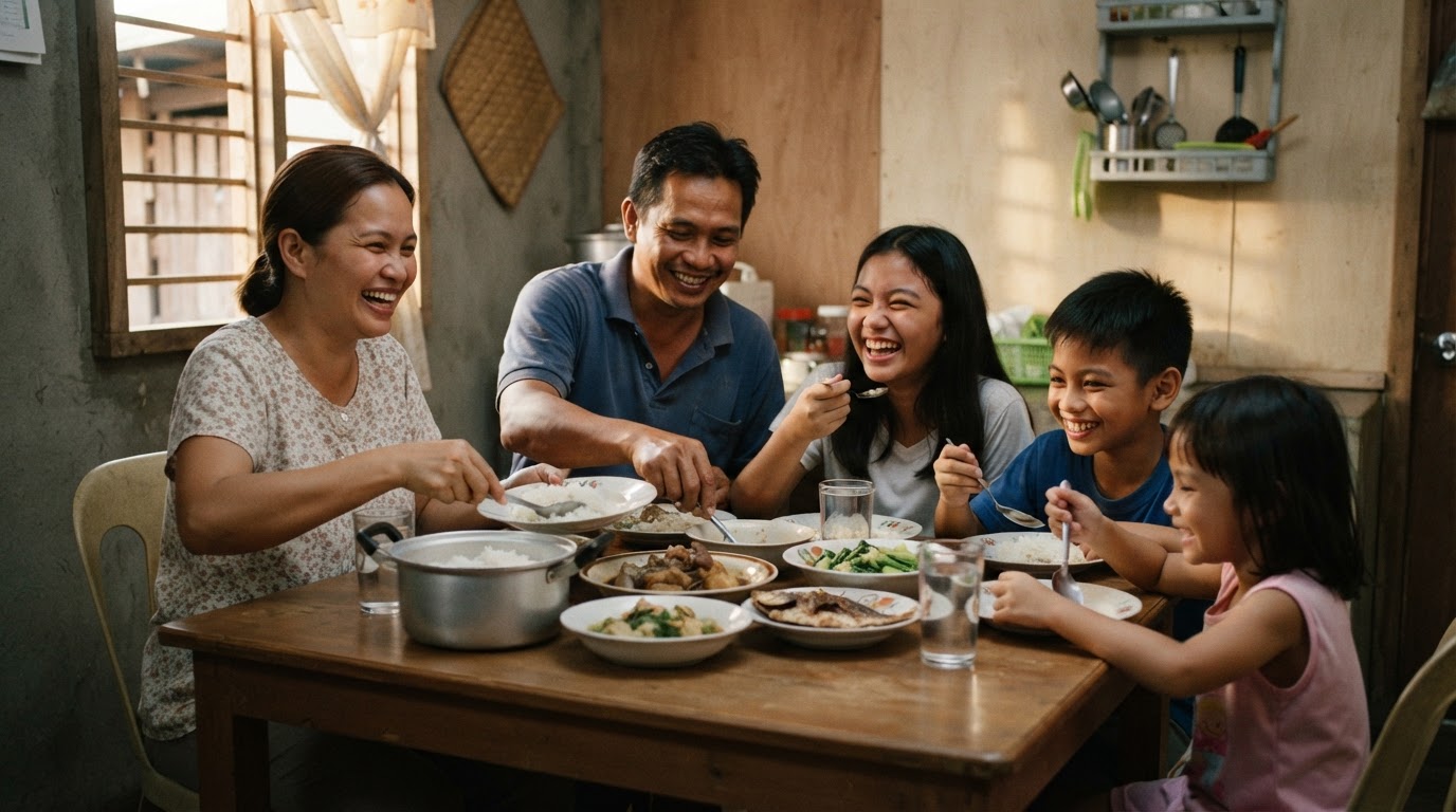 Isang pamilyang Pilipino na masayang kumakain sa kanilang hapag-kainan.