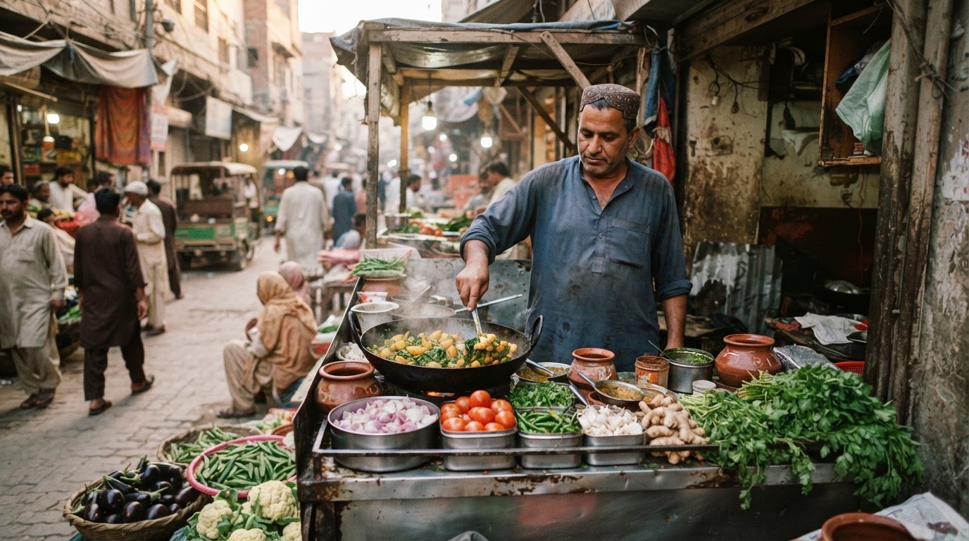 سبزیوں سے سجی ایک پاکستانی اسٹریٹ فوڈ اسٹال کی تصویر