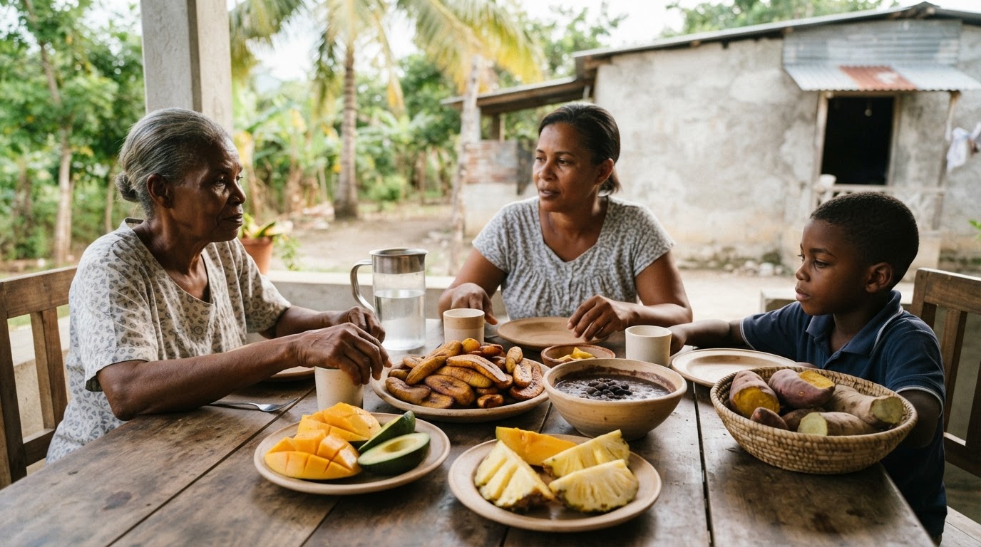 Tablo manje midi Ayisyen ak plantain, pwa, ak fwi