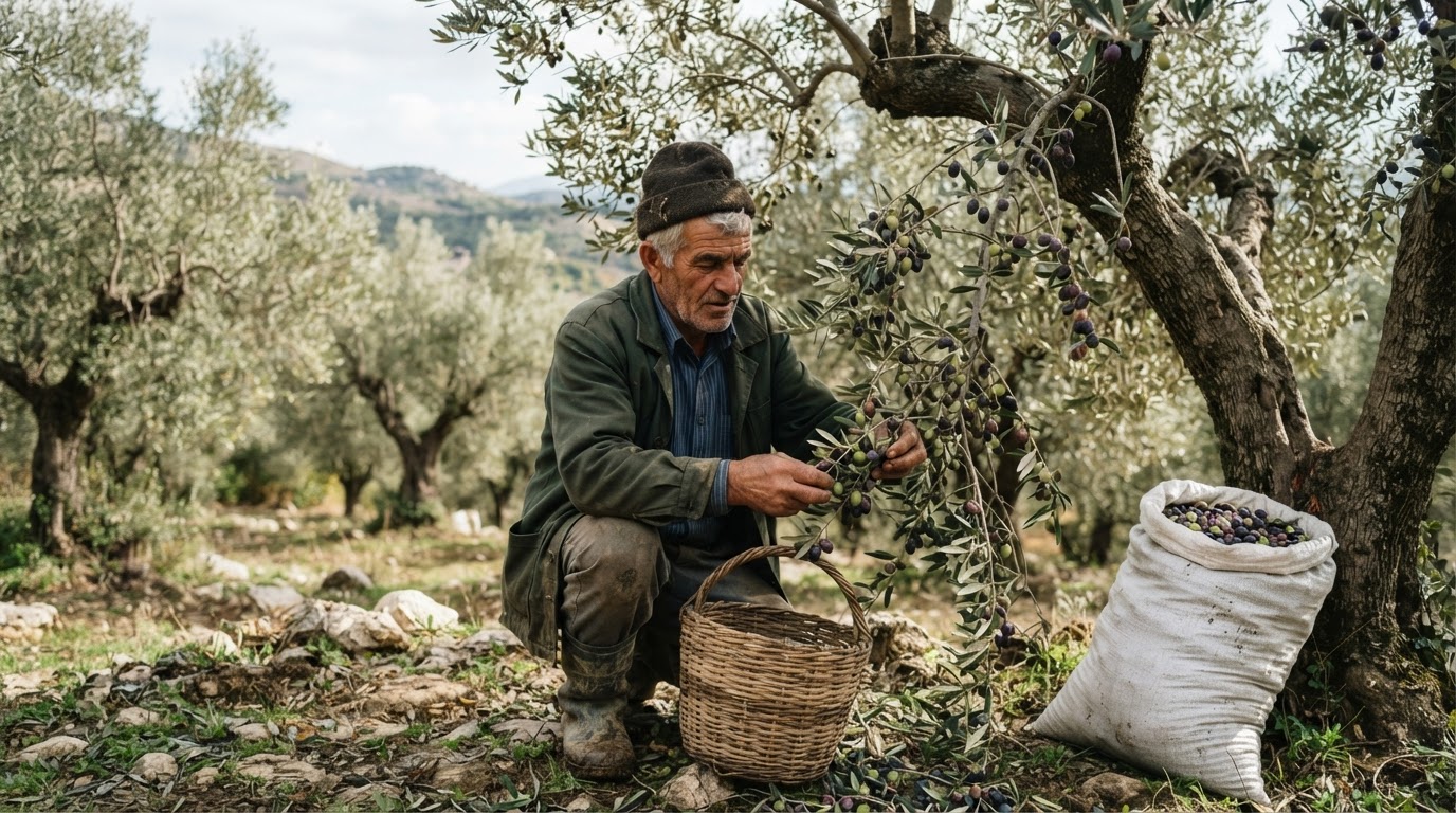 Fermer shqiptar duke korrur ullinj në një fushë.