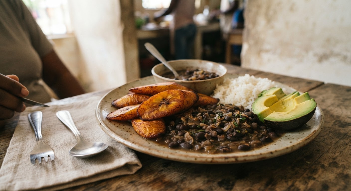 Yon plato manje midi tipik Ayisyen ki ka adapte pou vin vegan, ak plantain fri ak pwa nwa.