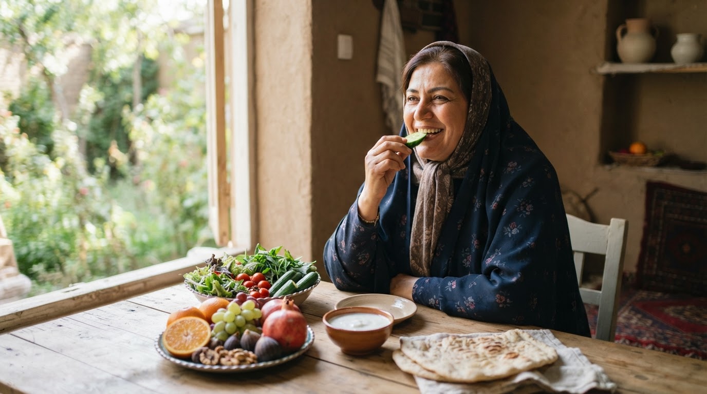 زنی ایرانی در حال خوردن سبزیجات و میوههای تازه