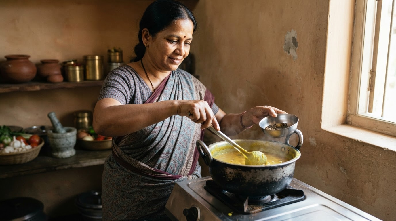 एक भारतीय महिला दाल तैयार कर रही है