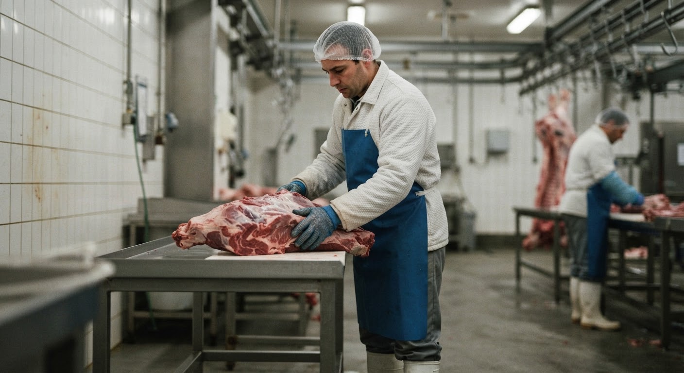 Pekerja memegang potongan daging di rumah potong hewan.