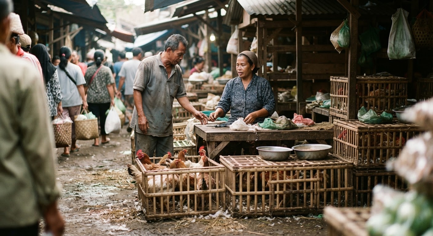 Pasar tradisional di Indonesia sering kali menjadi tempat interaksi awal antara manusia dan hewan ternak sebelum mencapai RPH.