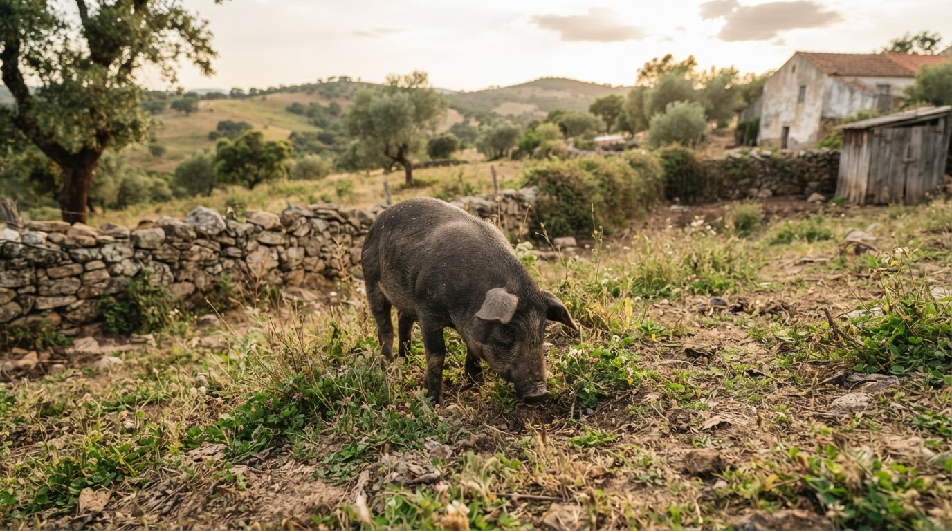 Um pequeno porco a pastar numa quinta tradicional em Portugal.