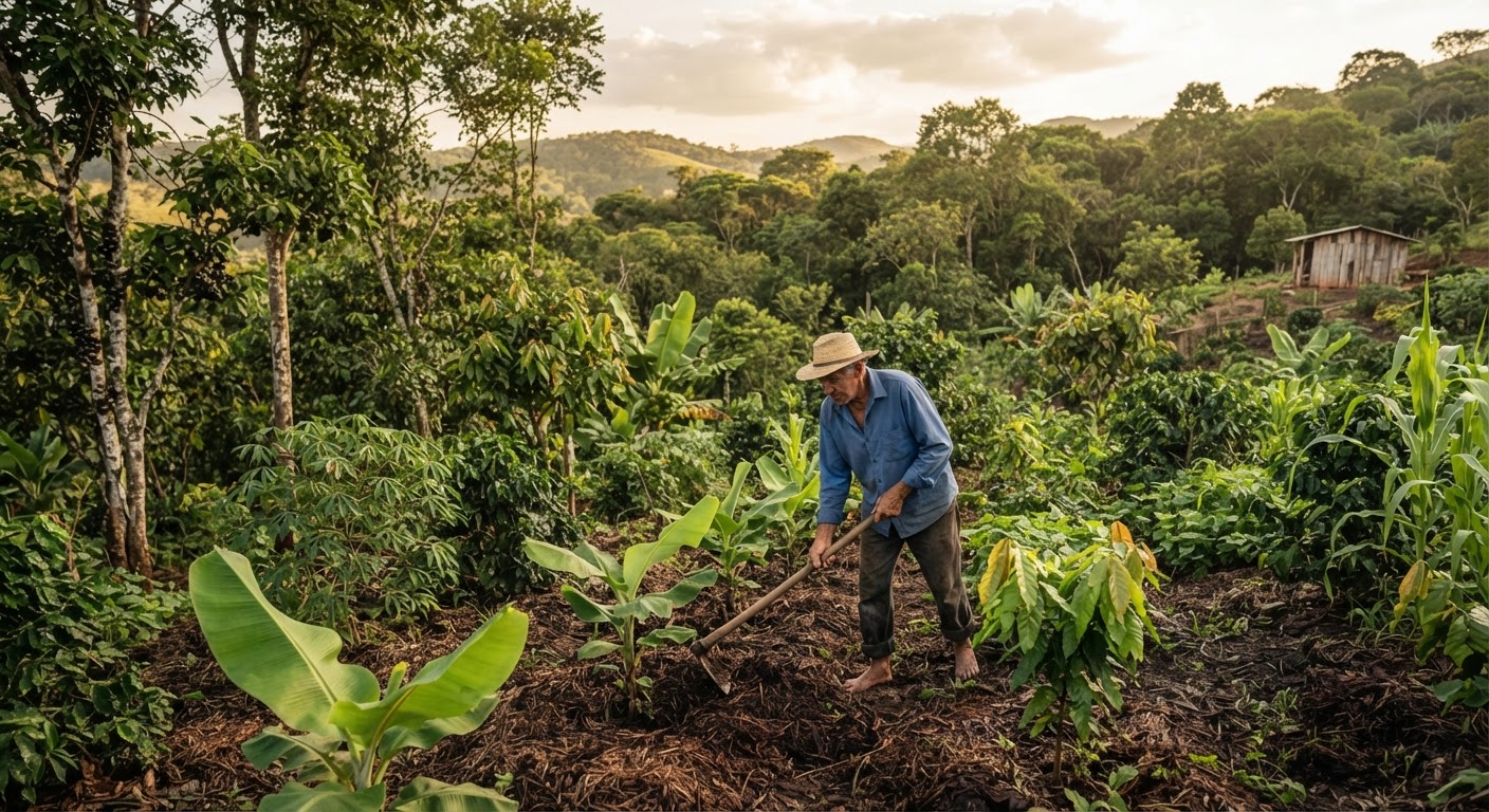 Um sistema agroflorestal diversificado no Brasil, integrando culturas e árvores, promovendo a saúde do solo e a biodiversidade.