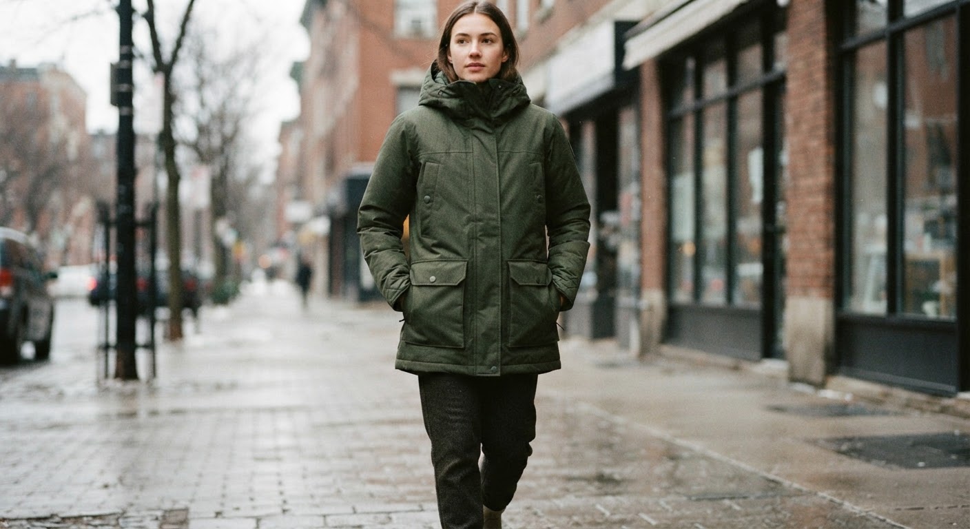 Una chaqueta de invierno vegana moderna, demostrando la viabilidad de las alternativas.