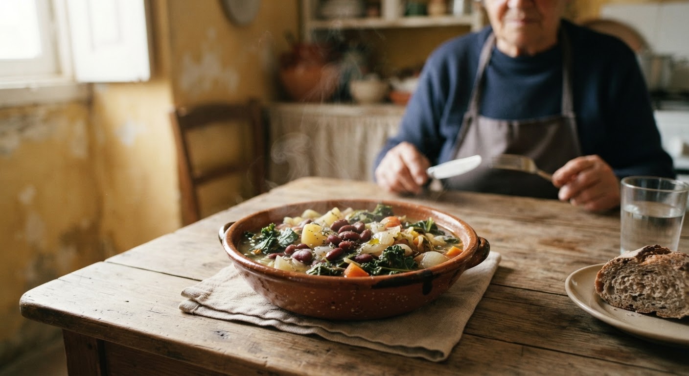 Um prato tradicional português, rico em feijão e vegetais, demonstrando a possibilidade de refeições saborosas e sustentáveis.