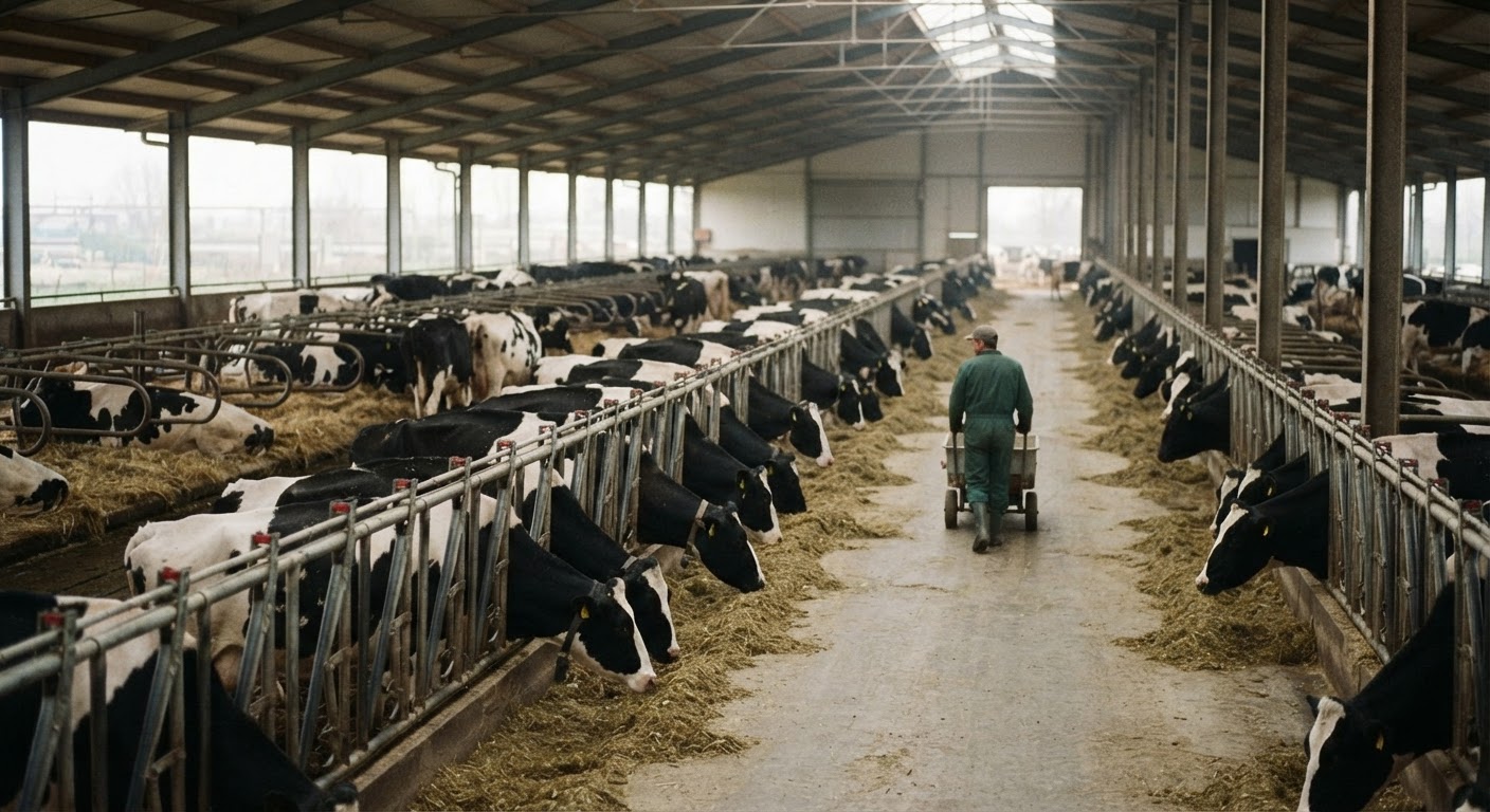Bovini di razza Holstein in un grande stalla, tipici degli allevamenti intensivi italiani.