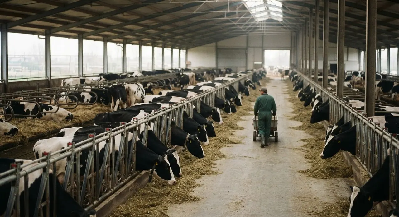 Bovini di razza Holstein in un grande stalla, tipici degli allevamenti intensivi italiani.