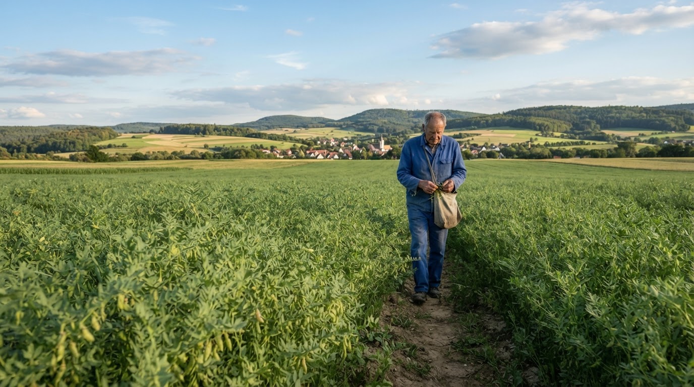 Ein Feld voller Linsenpflanzen in Deutschland unter einem blauen Himmel