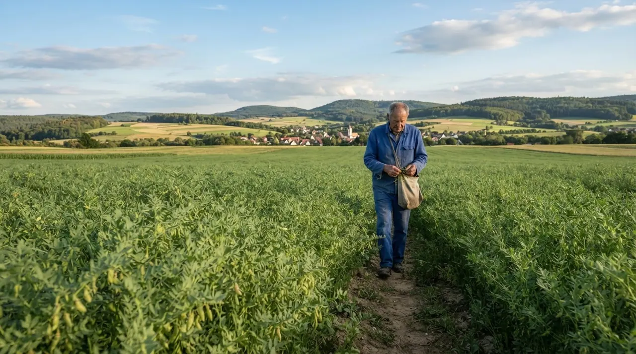 Ein Feld voller Linsenpflanzen in Deutschland unter einem blauen Himmel